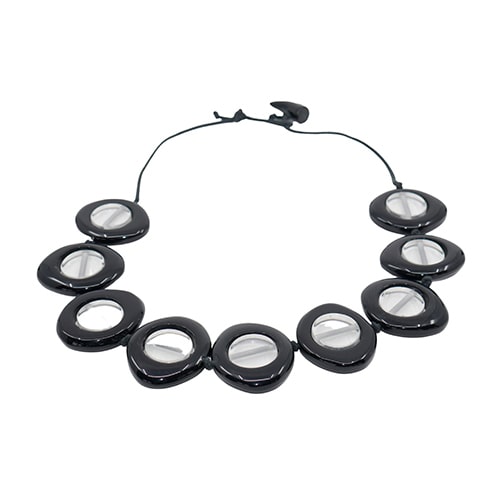 N0060 - RESIN NECKLACE DISK AND CYLINDER ON STRING SHORT "SATURN" 50CM
