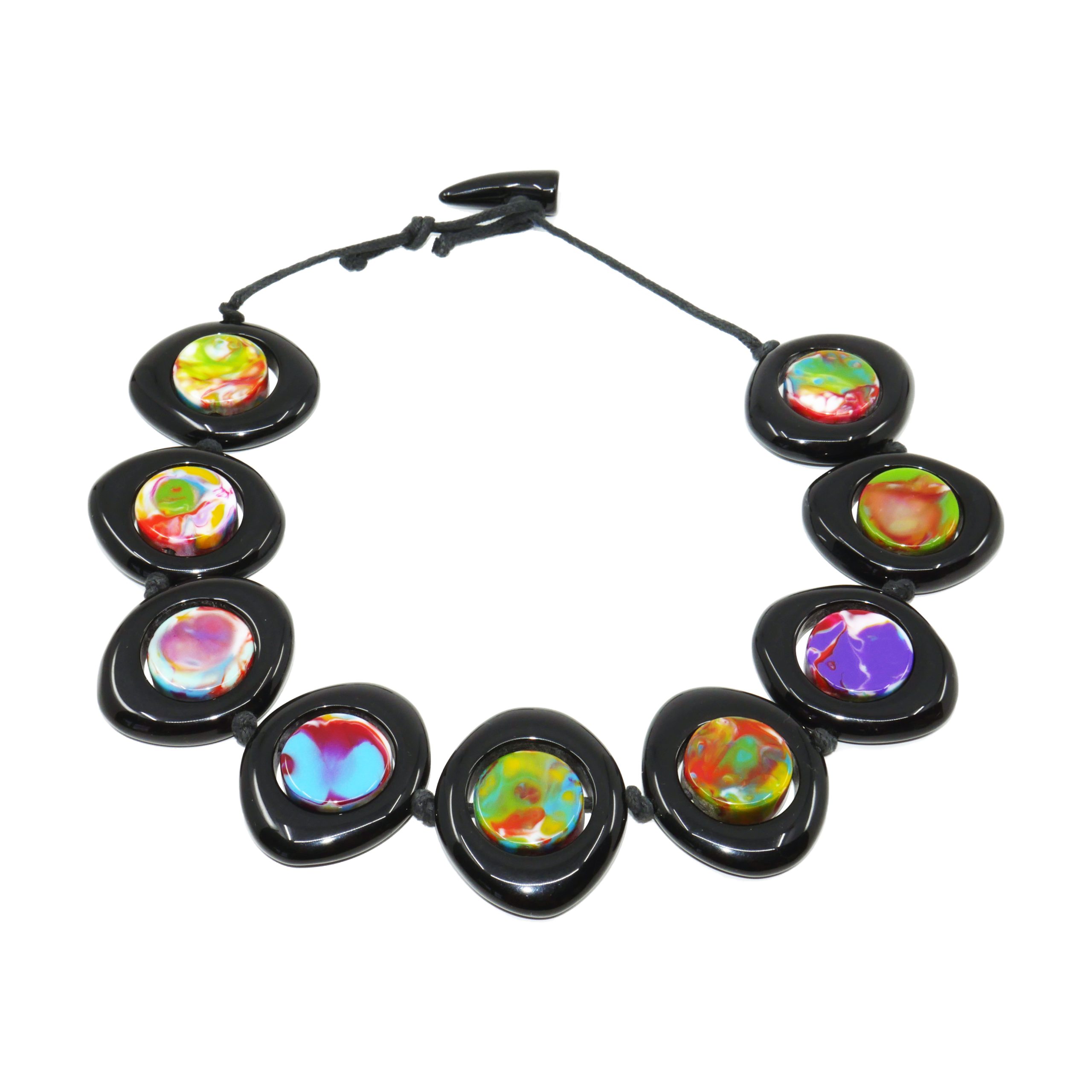 N0060 - RESIN NECKLACE DISK AND CYLINDER ON STRING SHORT "SATURN" 50CM - Image 2